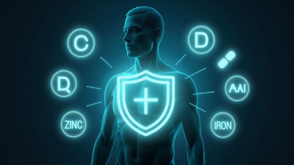 Illustration of strong immune system protected by vitamins and minerals