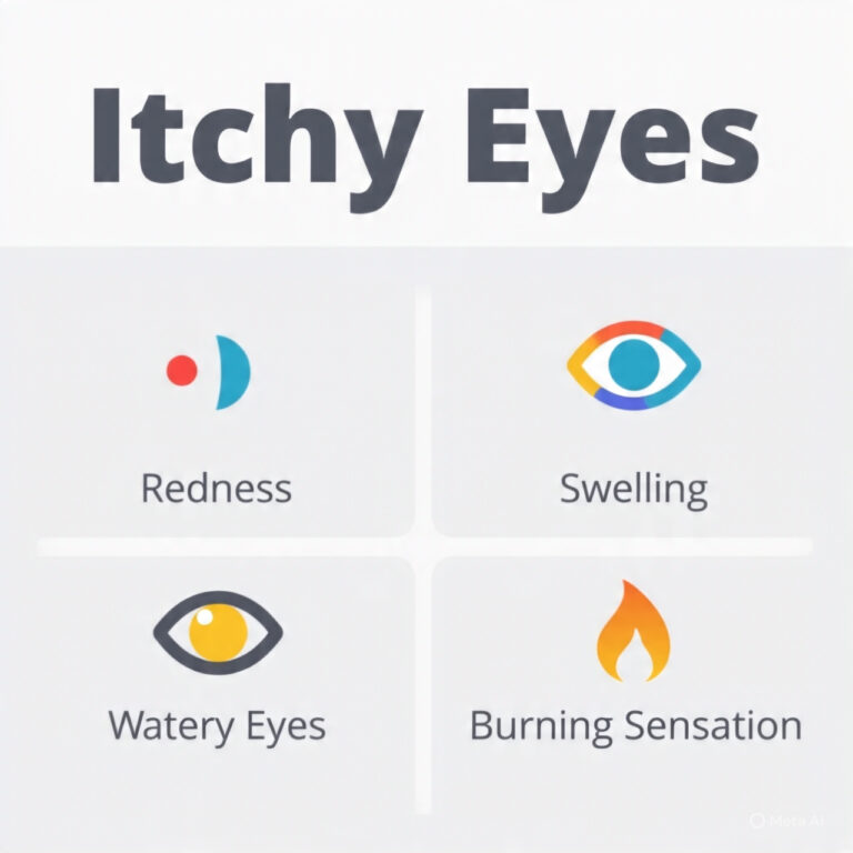 Infographic showing common seasonal eye allergy symptoms like itching, redness, swelling, and tearing.