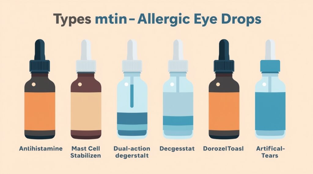 Diagram showing different types of anti-allergic eye drops with labels.