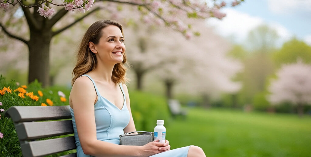 Smiling woman outdoors with healthy clear eyes, showing relief from seasonal allergies after using eye drops.
